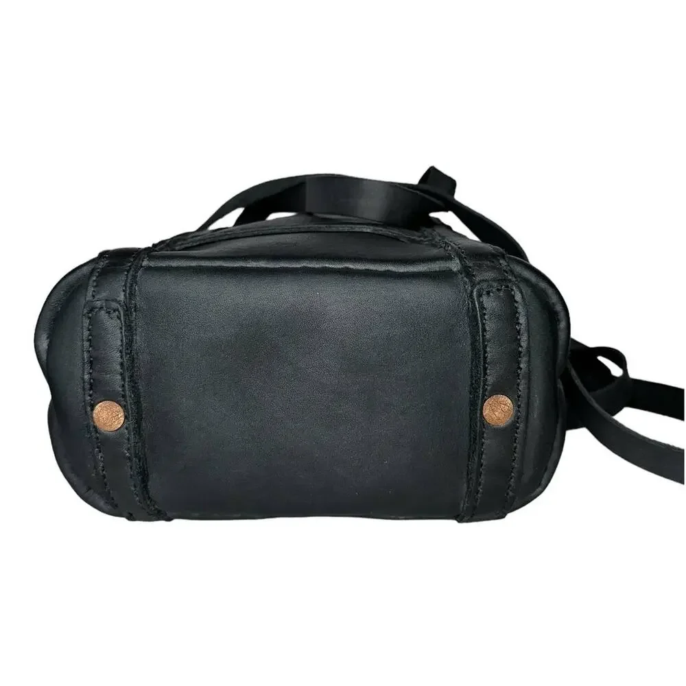 Haiti Made Mini Travay Upright Saddle Black Leather Tote Bag Purse Front Pocket